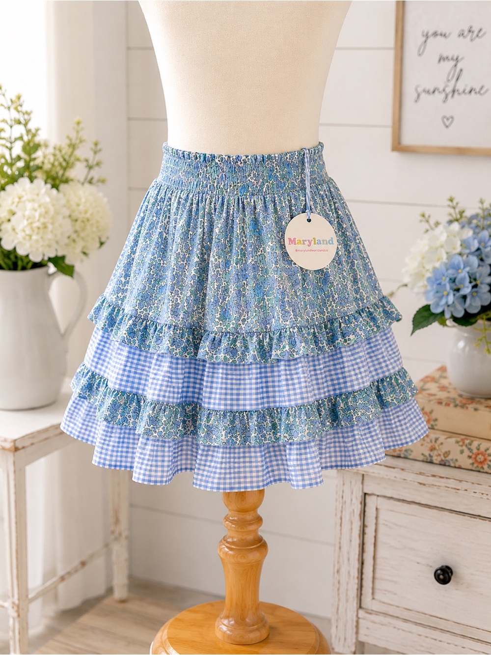 Sal & Pimenta Maryland Blue Ditsy Floral Smocked Top Skirt Set NWT Girls 8T - Picture 3 of 5